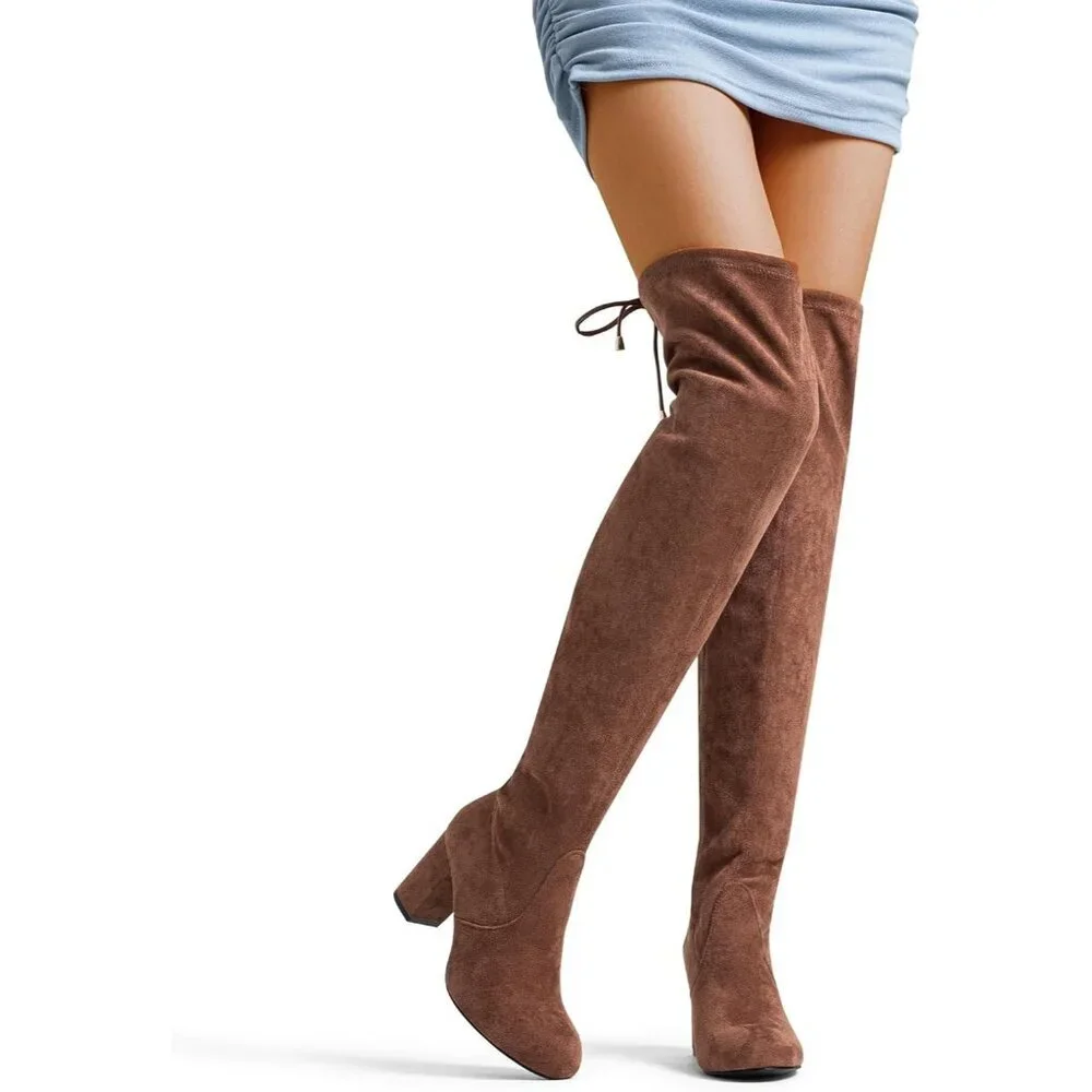 Women's Mocha Brown Suede Inner Zipper Thigh High Over The Knee High Heel Boots